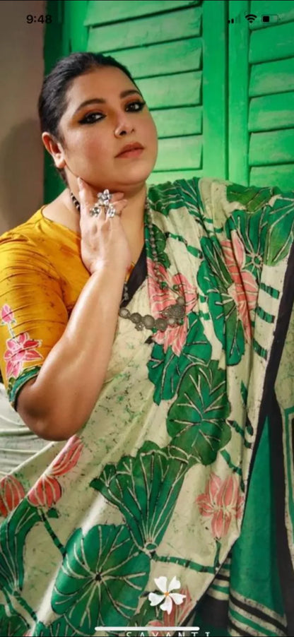 Pure Mulberry silk saree – Batik prints - Green
