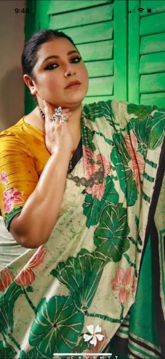 Pure Mulberry silk saree – Batik prints - Green
