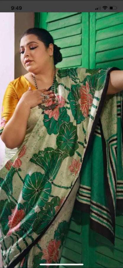 Pure Mulberry silk saree – Batik prints - Green