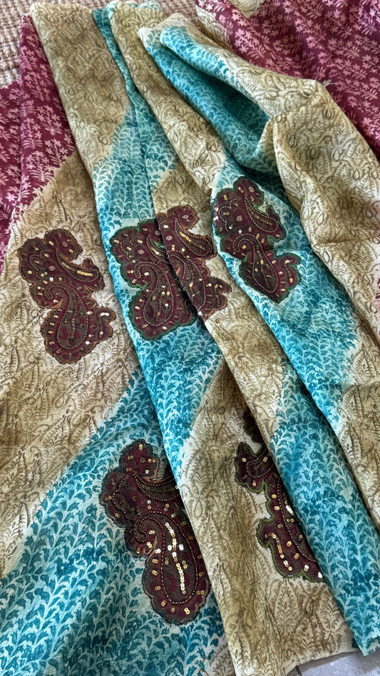 Mulberry silk saree – Partly Pallu concept - Ajrakh prints with Handwork - Green