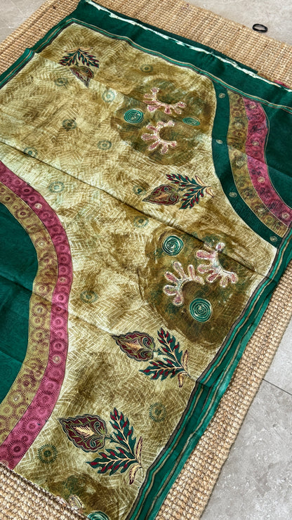 Mulberry silk saree – Batik prints with Handwork - Green