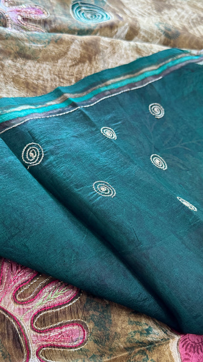 Mulberry silk saree – Batik prints with Handwork - Green