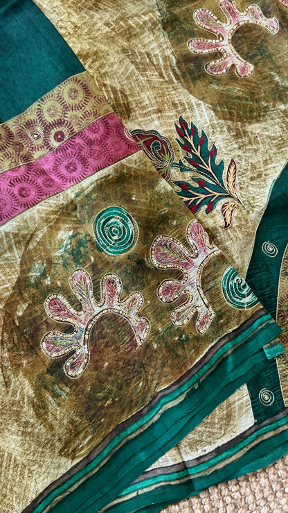 Mulberry silk saree – Batik prints with Handwork - Green