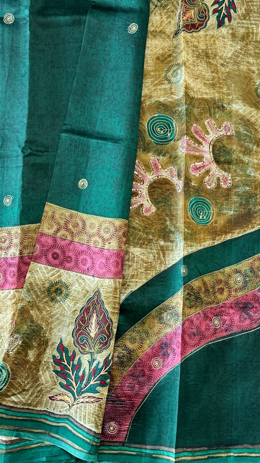 Mulberry silk saree – Batik prints with Handwork - Green