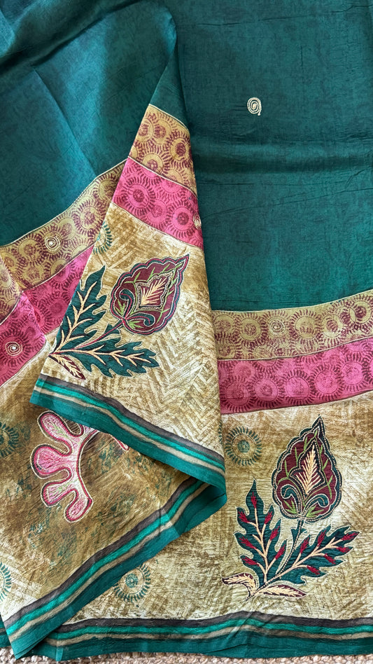 Mulberry silk saree – Batik prints with Handwork - Green