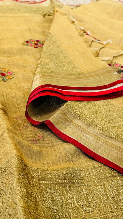 Embroidered Jute Linen Sarees – Effortless Elegance, Everyday Luxury - Yellow