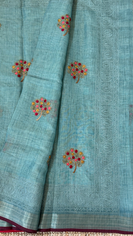 Embroidered Jute Linen Sarees – Effortless Elegance, Everyday Luxury - Blue