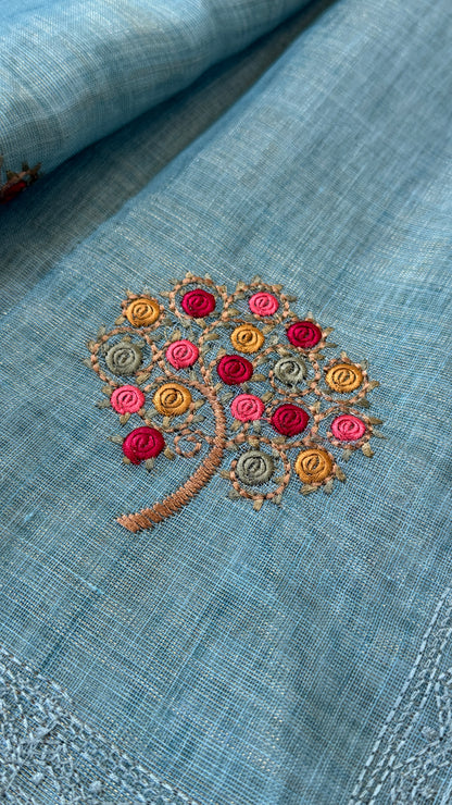 Embroidered Jute Linen Sarees – Effortless Elegance, Everyday Luxury - Blue