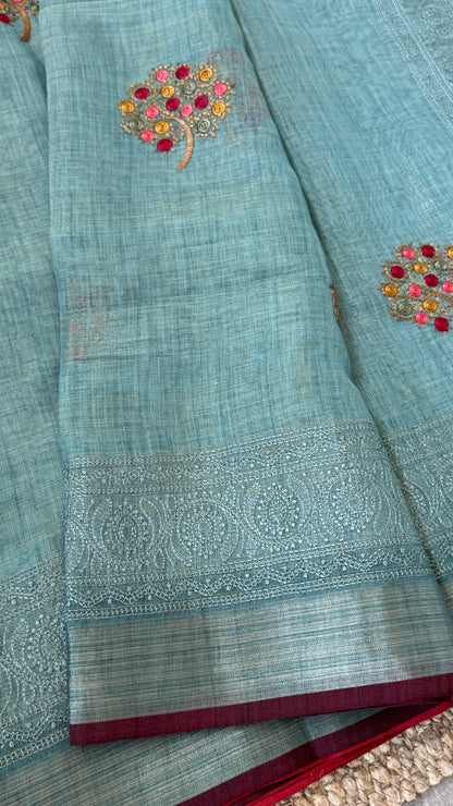 Embroidered Jute Linen Sarees – Effortless Elegance, Everyday Luxury - Blue