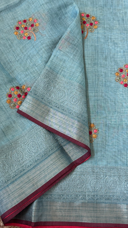 Embroidered Jute Linen Sarees – Effortless Elegance, Everyday Luxury - Blue