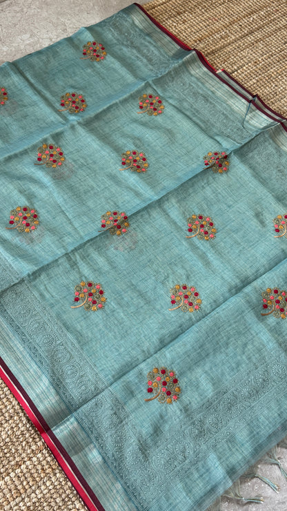 Embroidered Jute Linen Sarees – Effortless Elegance, Everyday Luxury - Blue