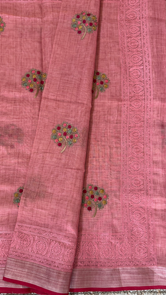 Embroidered Jute Linen Sarees – Effortless Elegance, Everyday Luxury - Peach