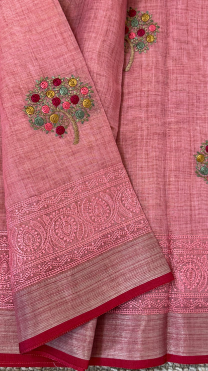 Embroidered Jute Linen Sarees – Effortless Elegance, Everyday Luxury - Peach