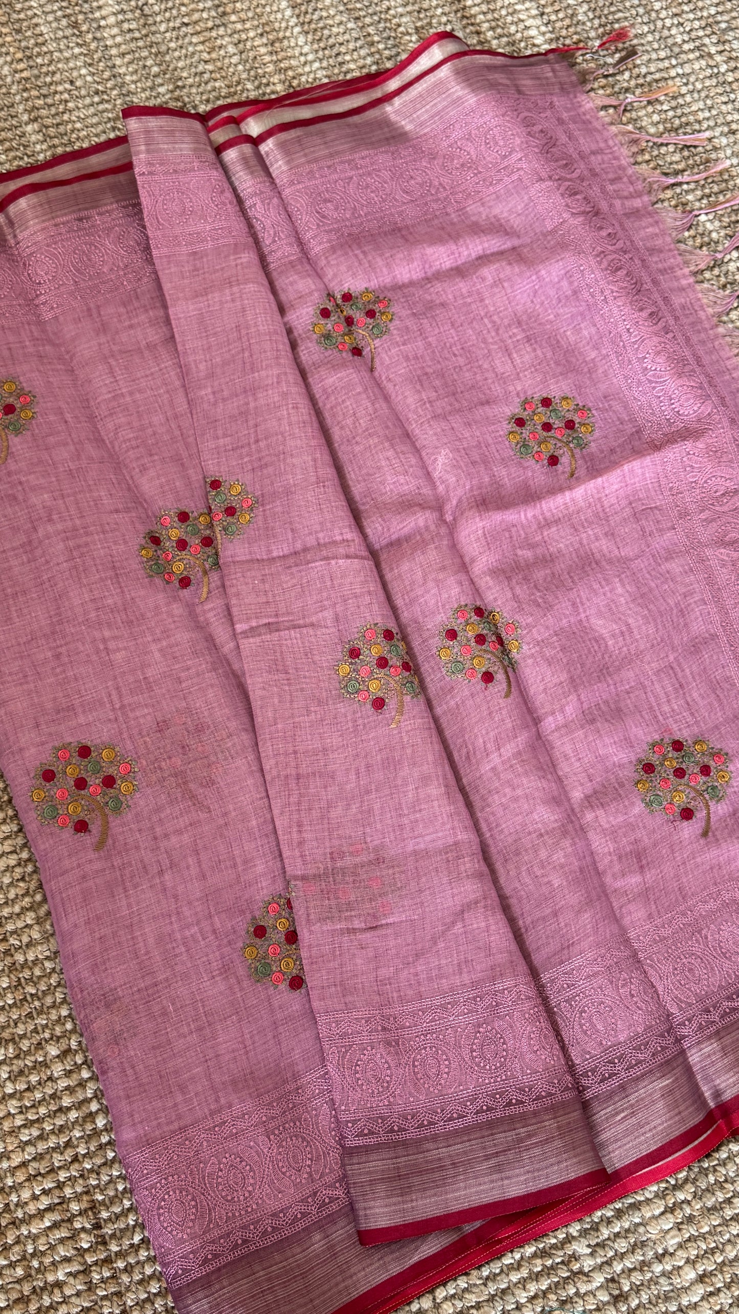 Embroidered Jute Linen Sarees – Effortless Elegance, Everyday Luxury - Pink