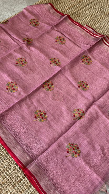 Embroidered Jute Linen Sarees – Effortless Elegance, Everyday Luxury - Pink