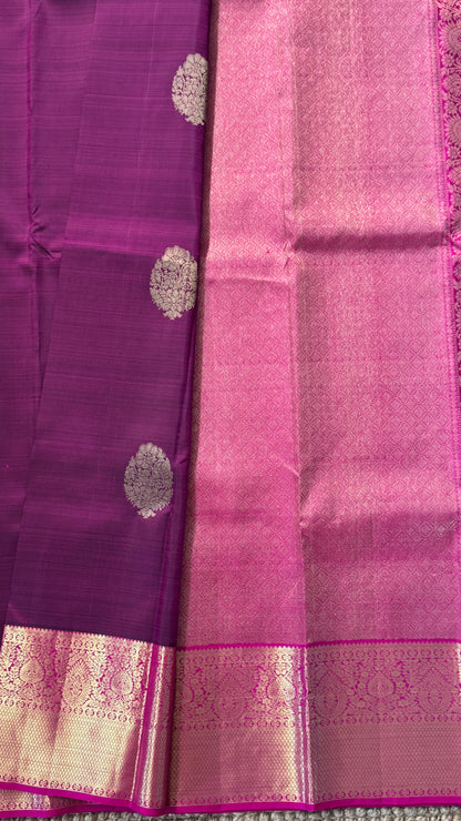 KANJIVARAM PURE SILK HANDLOOM SAREE in Wine and contrast Pink Border and Pallu
