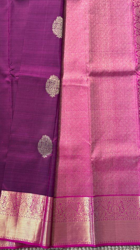 KANJIVARAM PURE SILK HANDLOOM SAREE in Wine and contrast Pink Border and Pallu