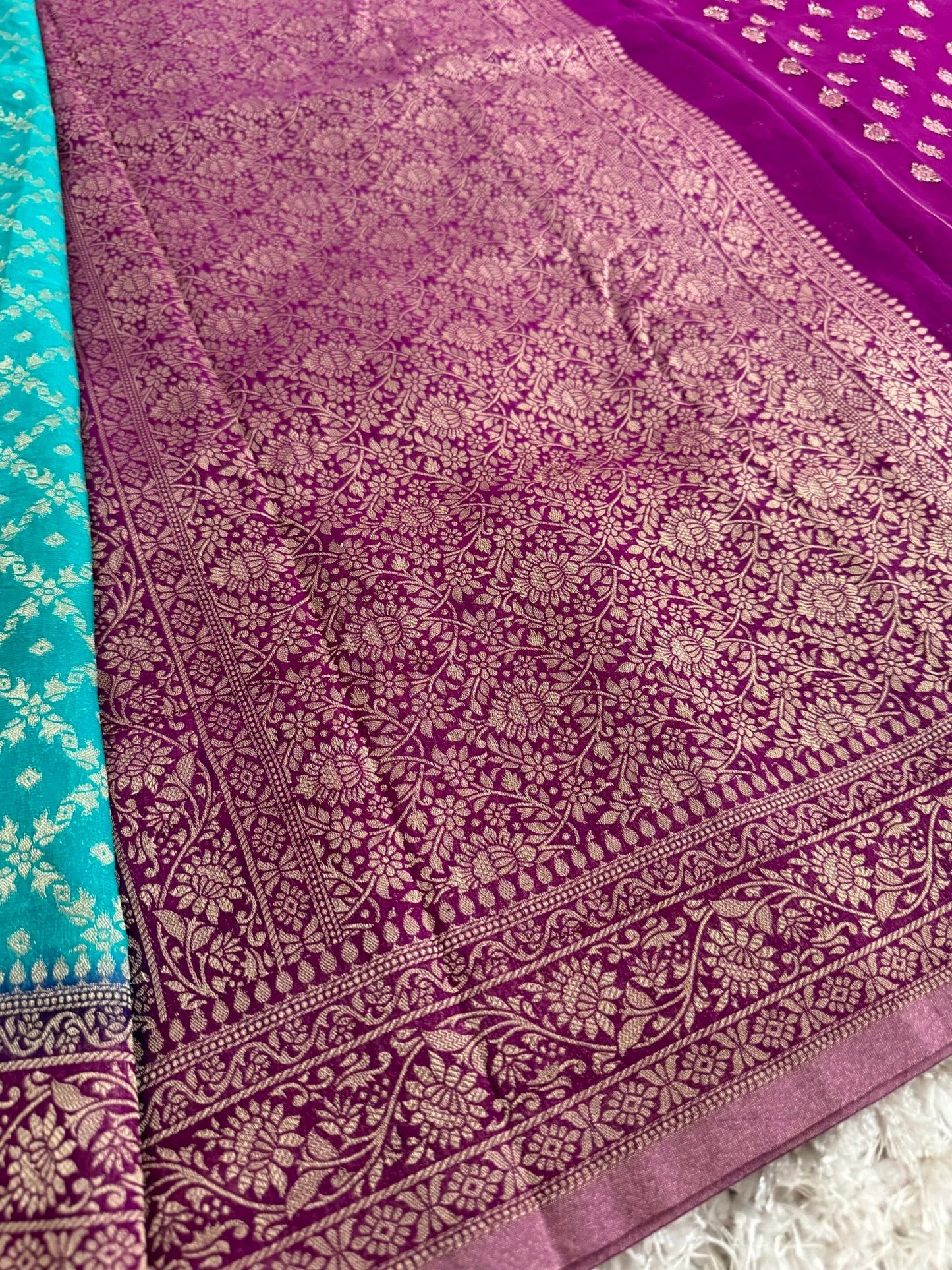 Pure Georgette Silk Banarasi Saree – Rama Blue with Purple border