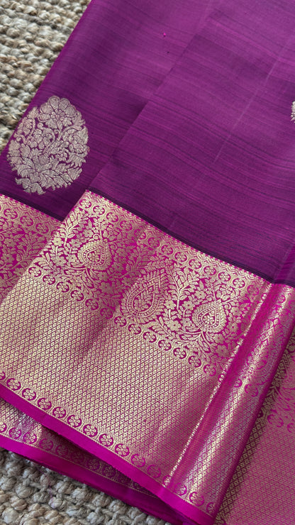 KANJIVARAM PURE SILK HANDLOOM SAREE in Wine and contrast Pink Border and Pallu