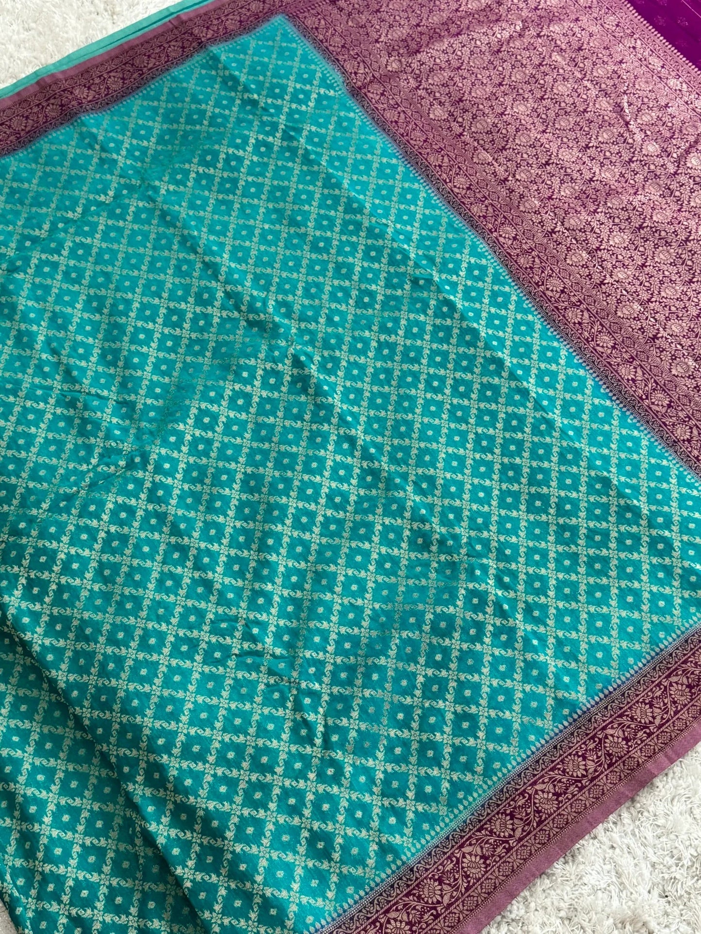 Pure Georgette Silk Banarasi Saree – Rama Blue with Purple border