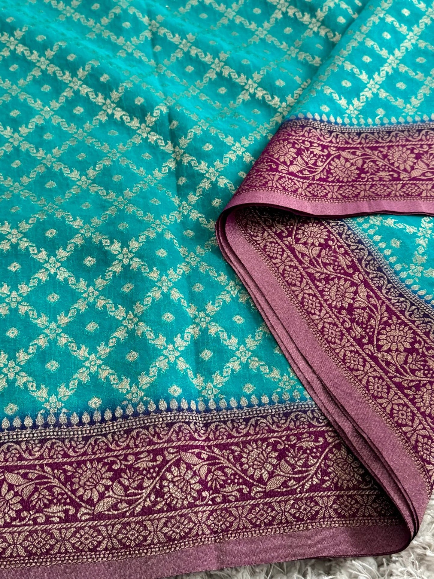 Pure Georgette Silk Banarasi Saree – Rama Blue with Purple border