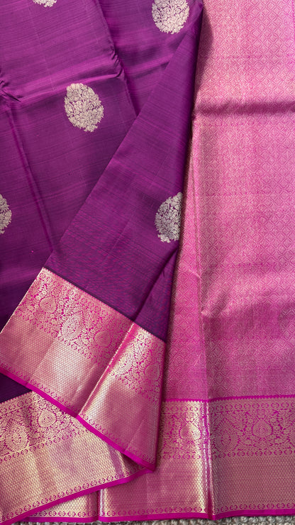 KANJIVARAM PURE SILK HANDLOOM SAREE in Wine and contrast Pink Border and Pallu