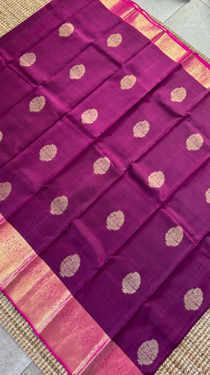 KANJIVARAM PURE SILK HANDLOOM SAREE in Wine and contrast Pink Border and Pallu