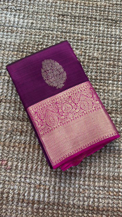 KANJIVARAM PURE SILK HANDLOOM SAREE in Wine and contrast Pink Border and Pallu