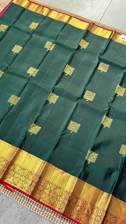 KANJIVARAM PURE SILK HANDLOOM SAREE in Bottle Green and contrast Red Pallu and Border