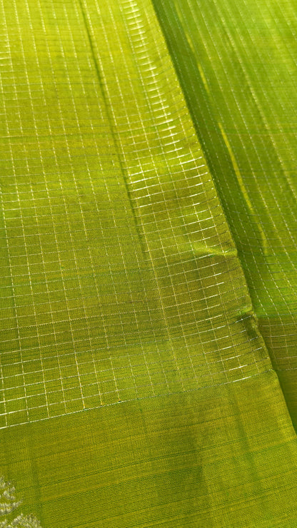 KANJIVARAM PURE SILK HANDLOOM SAREE in Green and contrast Rama Blue border