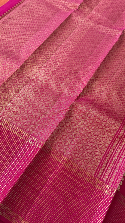 KANJIVARAM PURE SILK HANDLOOM SAREE in Mustard Yellow and contrast Pink Border and Pallu