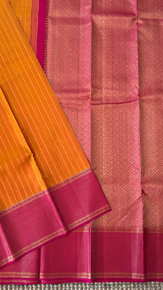 KANJIVARAM PURE SILK HANDLOOM SAREE in Mustard Yellow and contrast Pink Border and Pallu