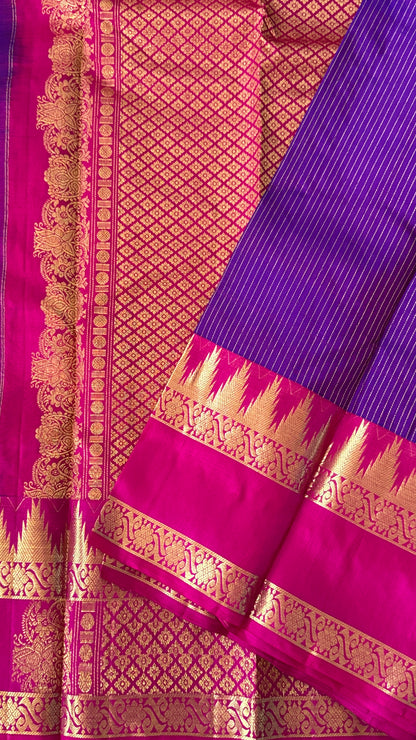 KANJIVARAM PURE SILK HANDLOOM SAREE in Purple and contrast Pink Border and Pallu