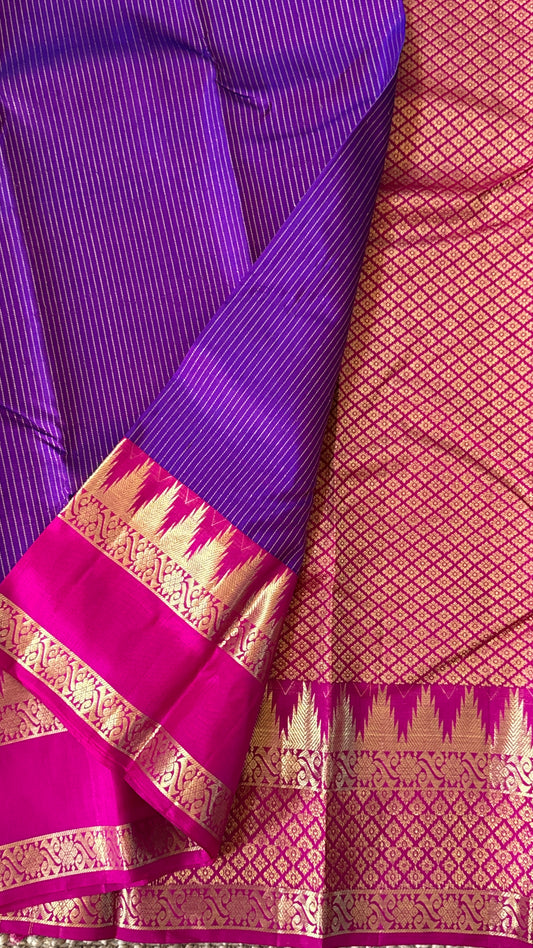 KANJIVARAM PURE SILK HANDLOOM SAREE in Purple and contrast Pink Border and Pallu