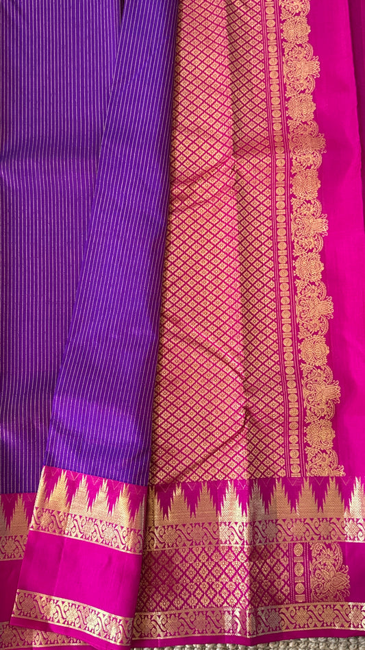 KANJIVARAM PURE SILK HANDLOOM SAREE in Purple and contrast Pink Border and Pallu