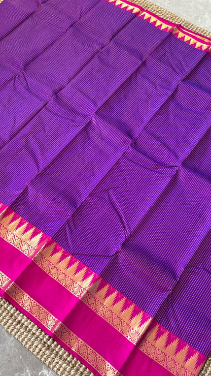 KANJIVARAM PURE SILK HANDLOOM SAREE in Purple and contrast Pink Border and Pallu