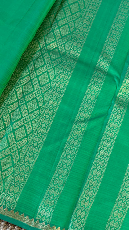 Pure Silk Handwoven Saree – Subtle Rama Green Elegance with Thin Gold Zari Borders