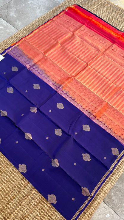 KANJIVARAM PURE SILK HANDLOOM SAREE in Royal Blue and Orange Elegance