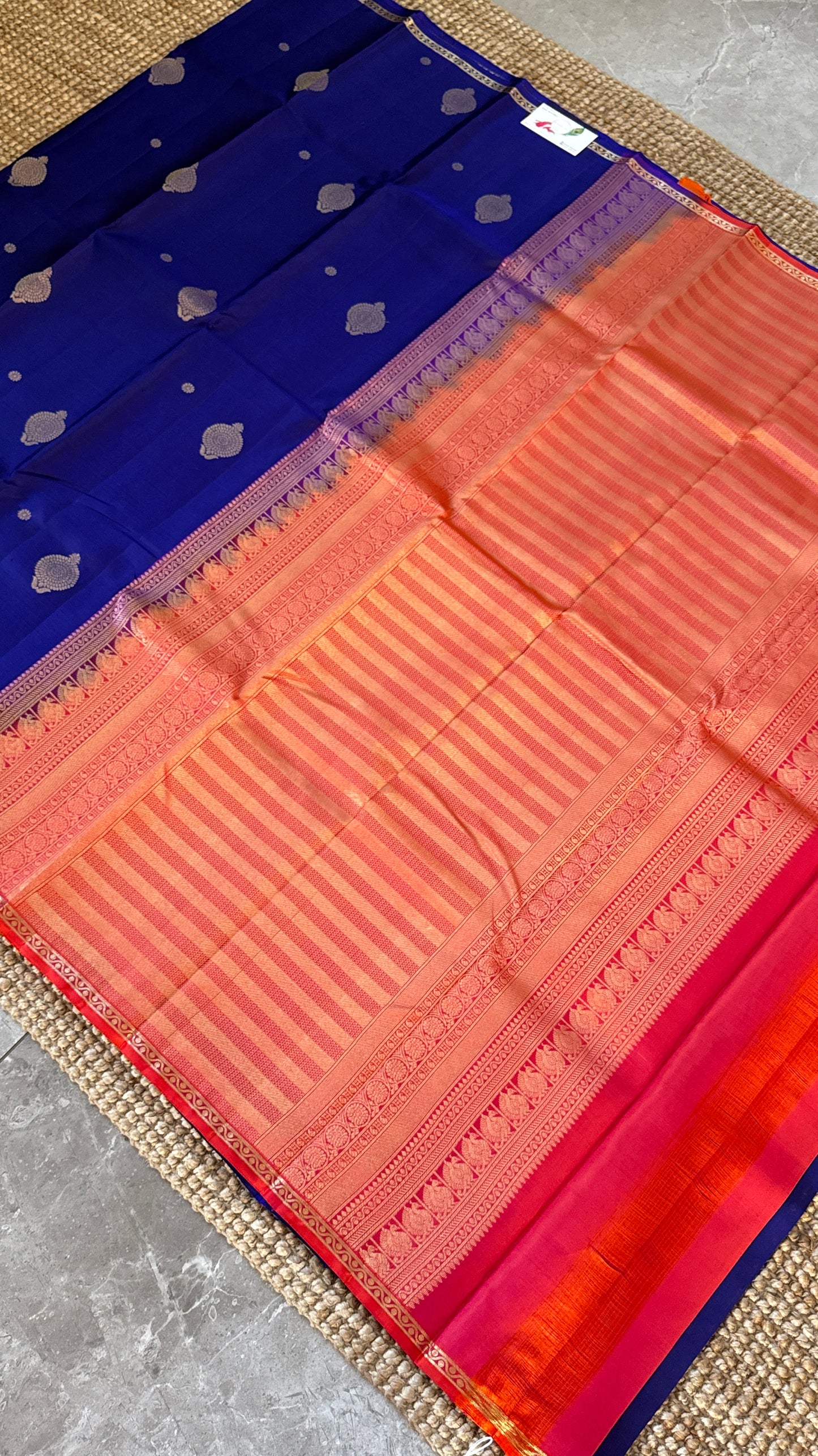 KANJIVARAM PURE SILK HANDLOOM SAREE in Royal Blue and Orange Elegance