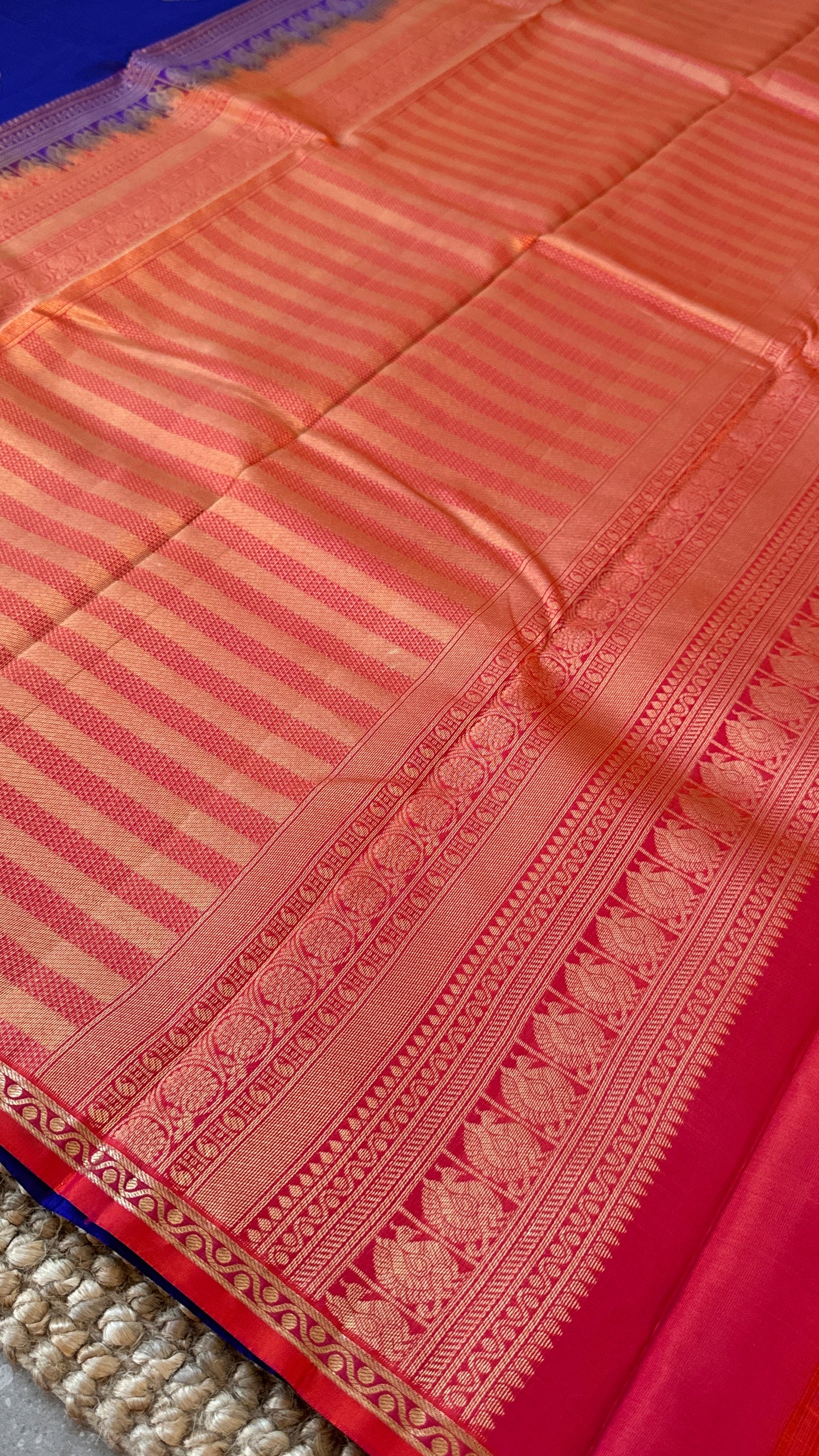 KANJIVARAM PURE SILK HANDLOOM SAREE in Royal Blue and Orange Elegance