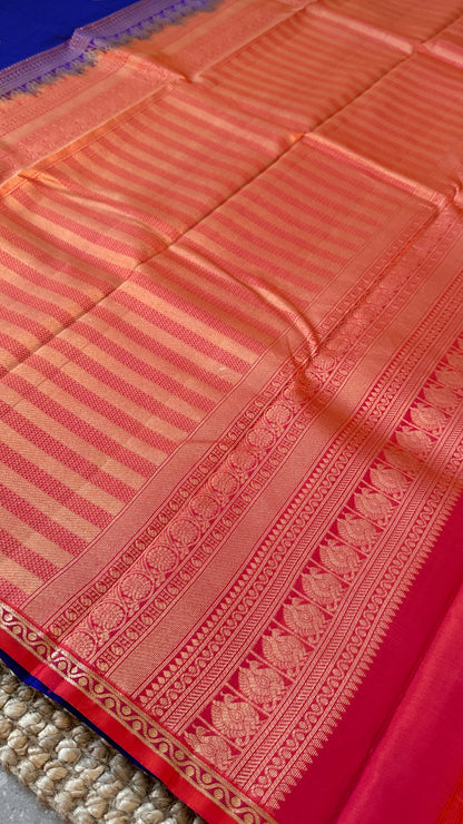 KANJIVARAM PURE SILK HANDLOOM SAREE in Royal Blue and Orange Elegance