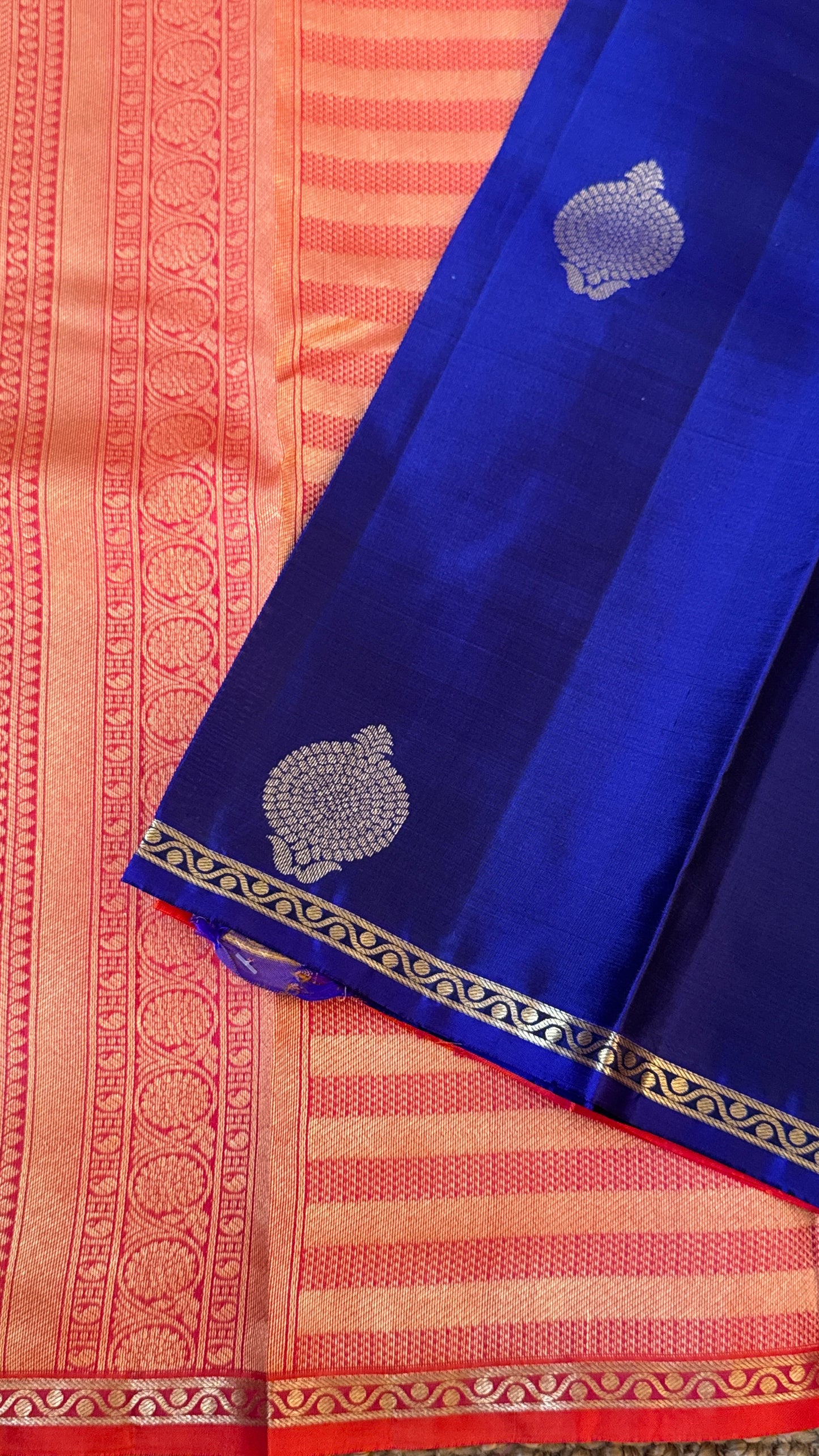 KANJIVARAM PURE SILK HANDLOOM SAREE in Royal Blue and Orange Elegance