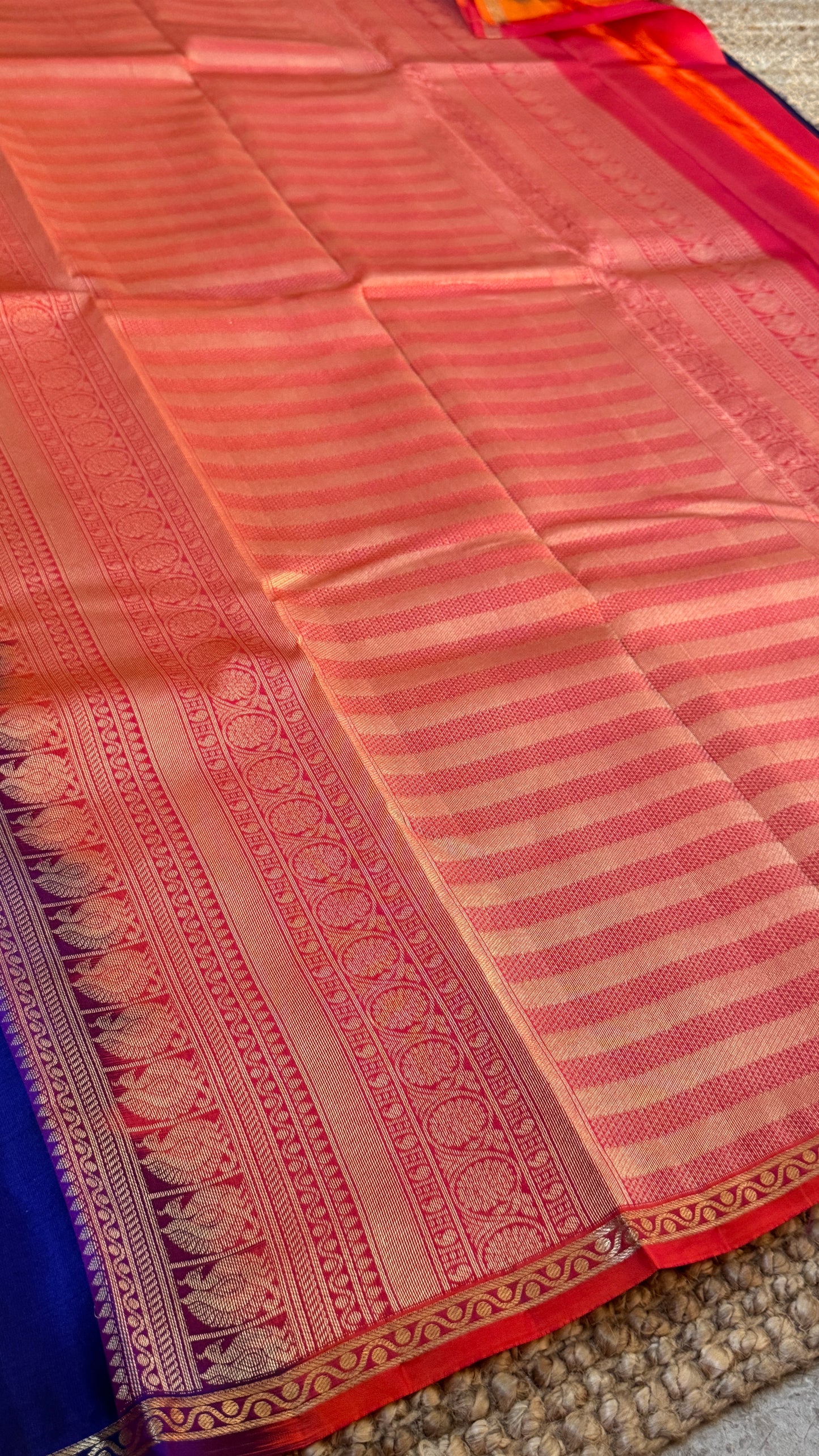 KANJIVARAM PURE SILK HANDLOOM SAREE in Royal Blue and Orange Elegance