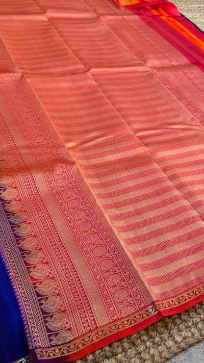 KANJIVARAM PURE SILK HANDLOOM SAREE in Royal Blue and Orange Elegance