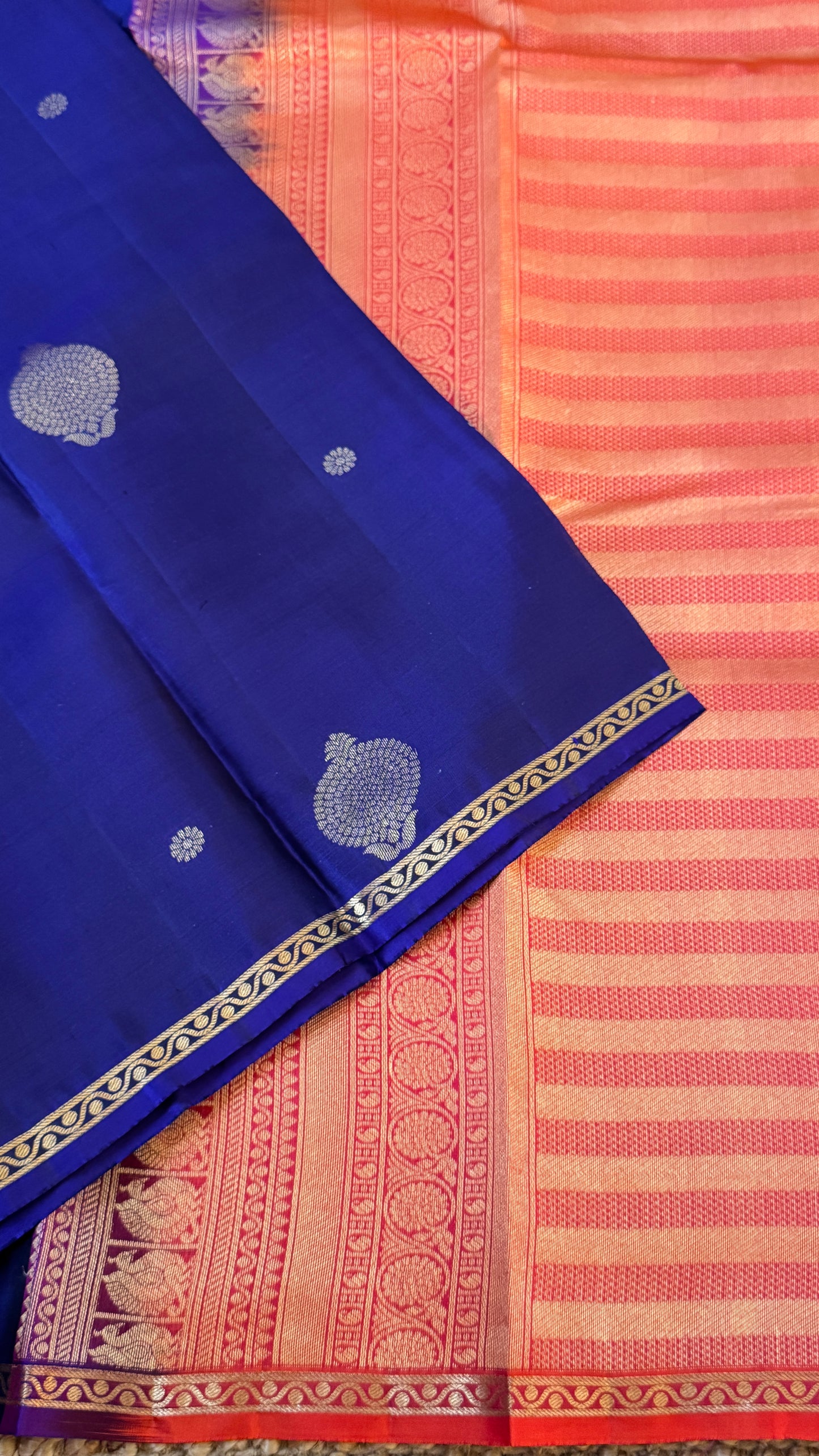 KANJIVARAM PURE SILK HANDLOOM SAREE in Royal Blue and Orange Elegance
