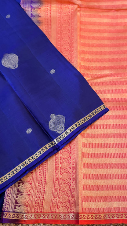 KANJIVARAM PURE SILK HANDLOOM SAREE in Royal Blue and Orange Elegance