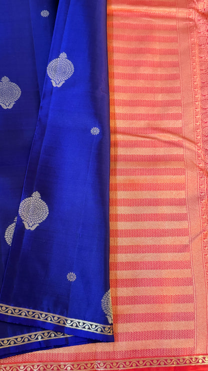 KANJIVARAM PURE SILK HANDLOOM SAREE in Royal Blue and Orange Elegance