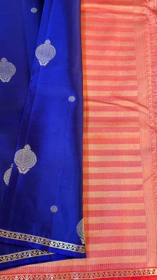 KANJIVARAM PURE SILK HANDLOOM SAREE in Royal Blue and Orange Elegance