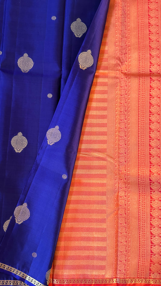 KANJIVARAM PURE SILK HANDLOOM SAREE in Royal Blue and Orange Elegance