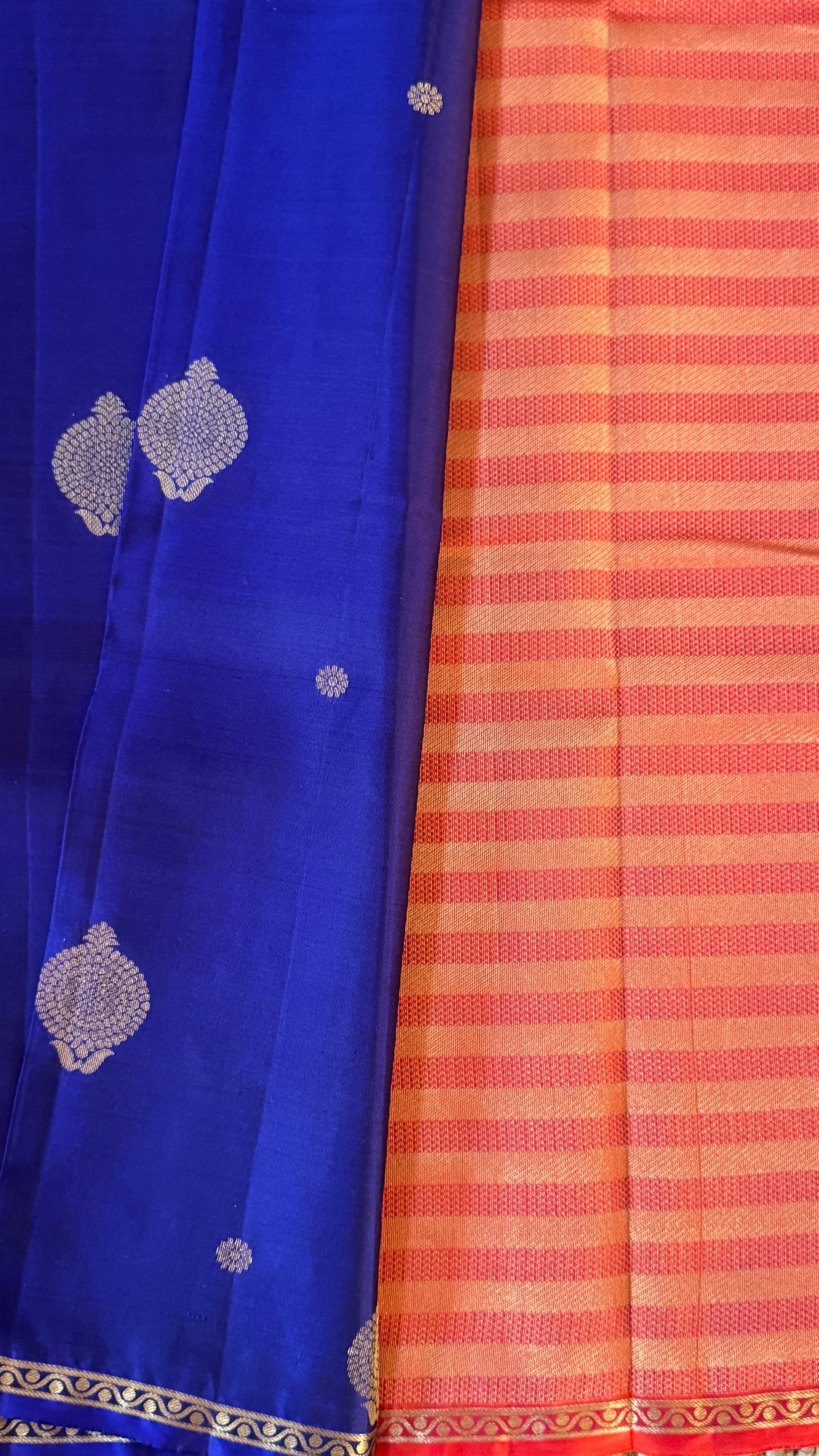 KANJIVARAM PURE SILK HANDLOOM SAREE in Royal Blue and Orange Elegance